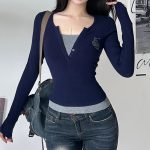 Faux Two Piece V neck Slim Fit Slimming Sweater T shirt