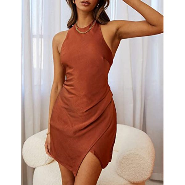 Women Clothing Solid Satin Halter Backless Slit Mini Dress Gown