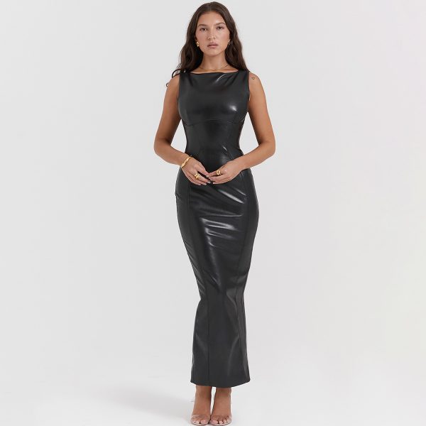 Sexy Women Wear High End Faux Leather Skinny Sheath Long Black Sleeveless Vest Split Dress