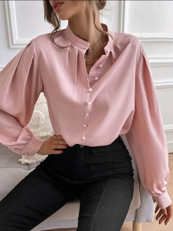 Shirt Women Clothes Half Open Collar Solid Color Loose Long Sleeves Elegant Outfit Ideas