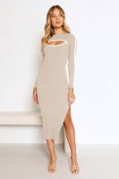 Hollow Out Cutout round Neck Long Sleeve Sexy Slit Rib French Jumpsuit Hip Dress