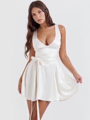 Deep V Plunge Lace up Slim Fit Backless White Short Sexy Sleeveless Dress