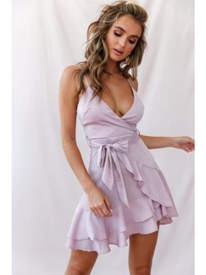 Women Spring Summer New Solid Color Double Ruffled Tied V-neck Strap Dress