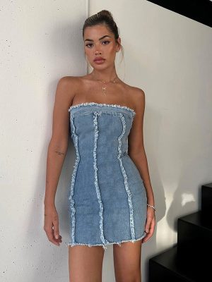 Sexy Slim Fit Ripped Wool Tops Denim Tube Top Package Hip Dress
