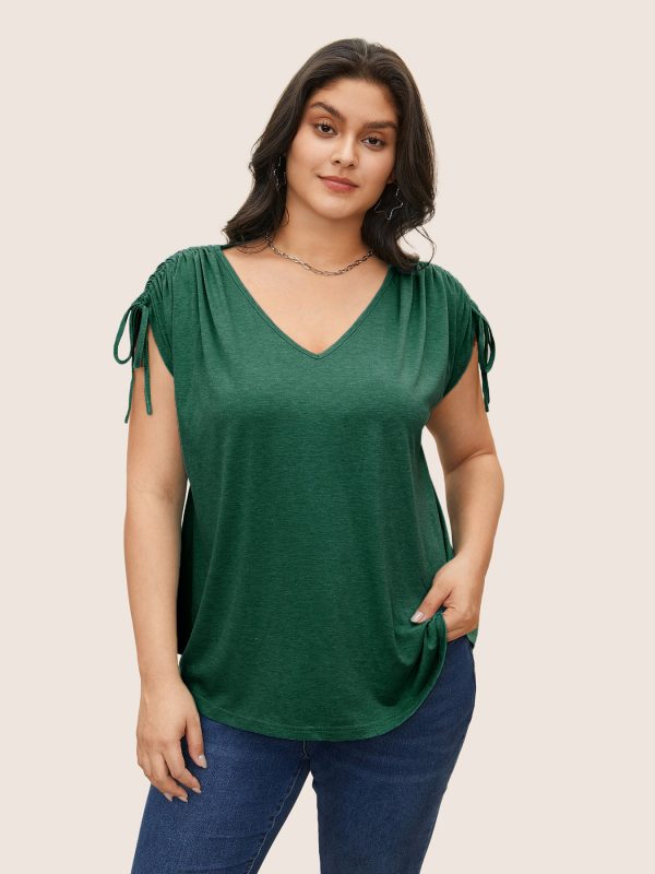 Plus Size Drawstring V-Neck Solid Color Casual Loose T-Shirt Top with Short Sleeves