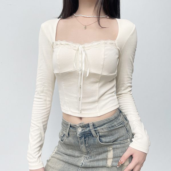 Basic Square Collar Lace Chest Bow Knitted T shirt