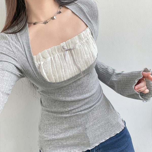 Square Collar Color Contrast Patchwork Pleated Tie Lace T shirt