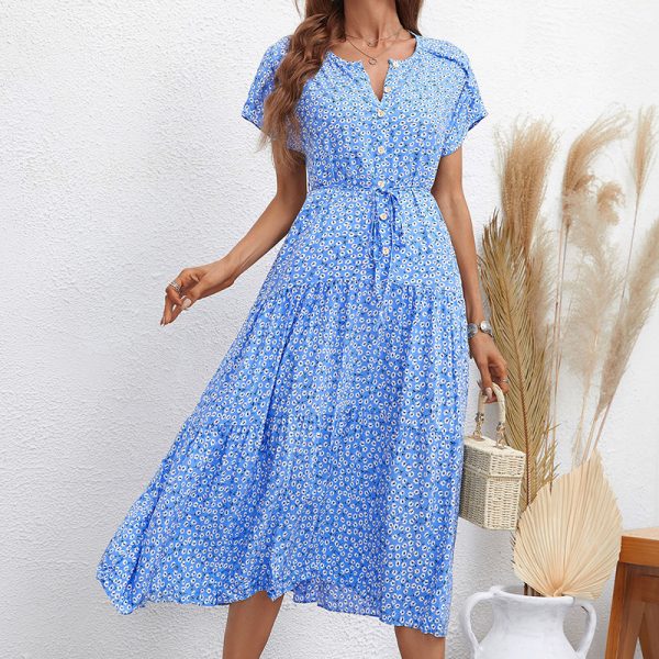 Retro High Waist Blue Floral Midi Dress: Women's Summer Wear