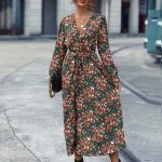 Floral Elegant Office Waist Slimming Dress Vintage Printed Women Dress V neck Dress