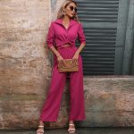 Autumn Solid Color Collared Wide Leg Casual Two-Piece Suit for Women