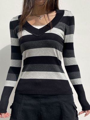 Striped V-neck Woolen Top: Sexy Street Style