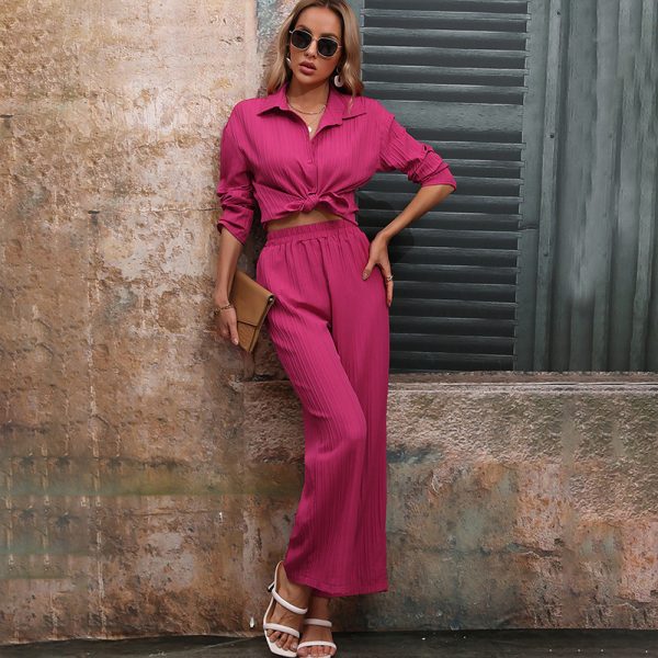 Autumn Solid Color Collared Wide Leg Casual Two-Piece Suit for Women