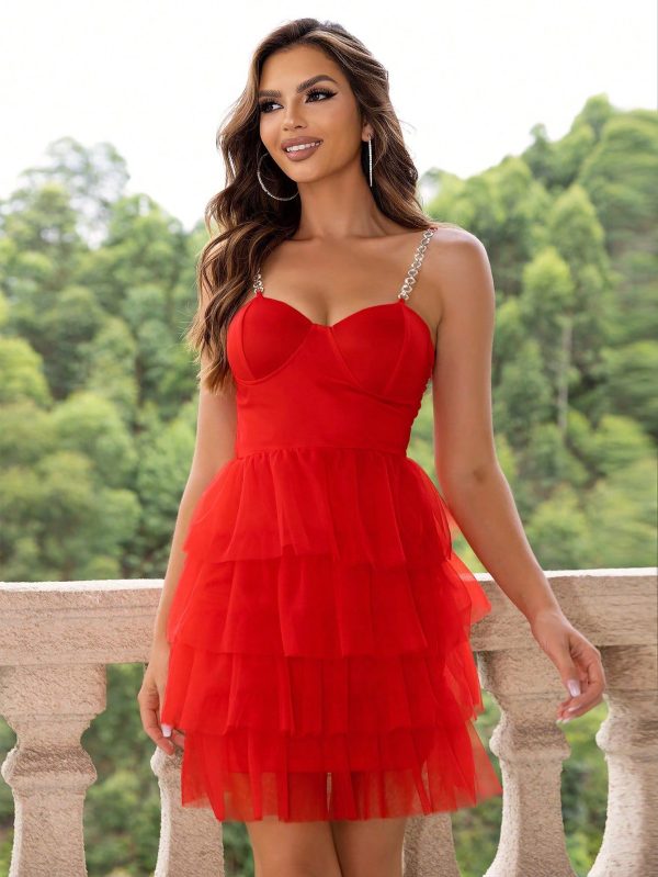 Women Solid Color Multi-Layer Cake Layered Ruffled Dress