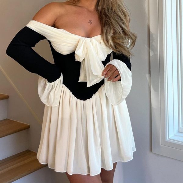 Women Clothing Fall Sexy off Shoulder French Royal Waist Controlled Bell Sleeve Dress