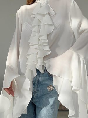 Women’s White Chiffon Design round Shirt