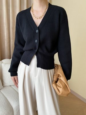 Fashionable Relaxed Feeling Early Autumn Gentle French Slit Elegant V Neck Waist Trimming Knitted Cardigan