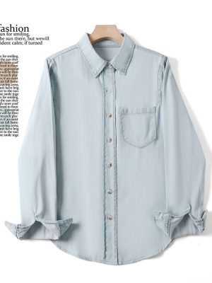 Loose Casual Comfortable Polo Collar Single Pocket Long Sleeve Denim Shirt Outfit Ideas