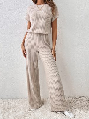 Solid Color Knitted Round Neck Top and Trousers Two-Piece Set