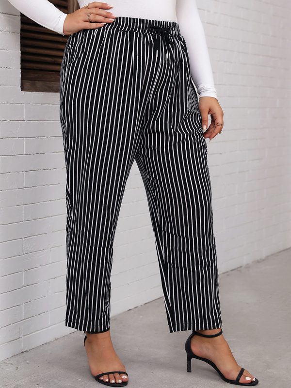 Black and White Striped Slim Fit Straight Casual Pants: Plus Size Women's Slimming Style