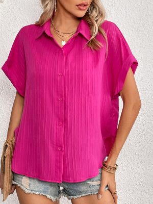 Summer Casual V neck Button Shirt Women Solid Color Short Sleeved Shirt Top Outfit Ideas