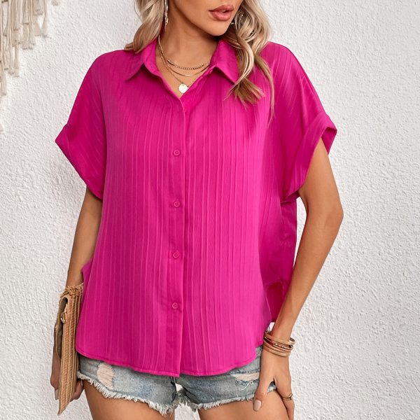 Summer Casual V neck Button Shirt Women Solid Color Short Sleeved Shirt Top Outfit Ideas