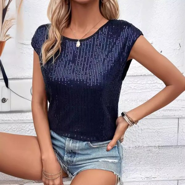 Round Neck Sleeveless Sequined T-Shirt: Women's Casual Wear