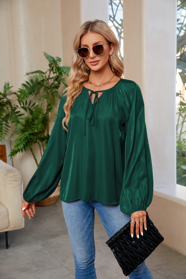 V-Neck Lace-Up Satin Silk Top: Women's Loose Style