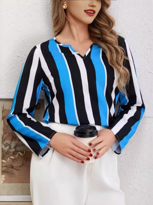 Blue Striped Simple Loose Long-Sleeved Shirt for Women