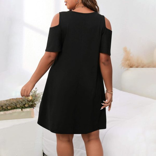 Plus Size Shein Round Neck Short Sleeve Off-Shoulder Loose Solid Color T-shirt Casual Dress