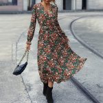Floral Elegant Office Waist Slimming Dress Vintage Printed Women Dress V neck Dress