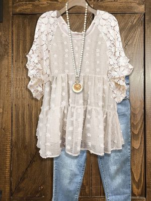 Women's Polka Dot Jacquard Lace Ruffle Sleeve Chiffon T shirt