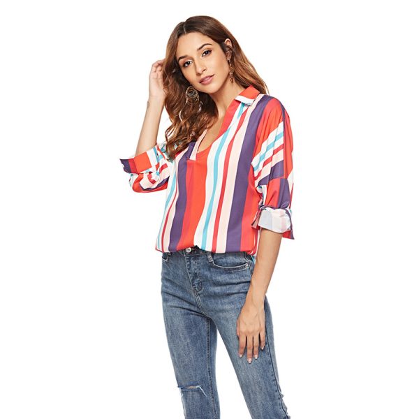 Color Stripes V-Neck Long Sleeve Shirt: Women's