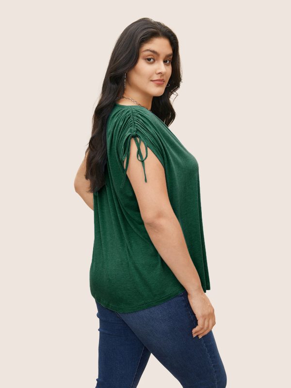 Plus Size Drawstring V-Neck Solid Color Casual Loose T-Shirt Top with Short Sleeves