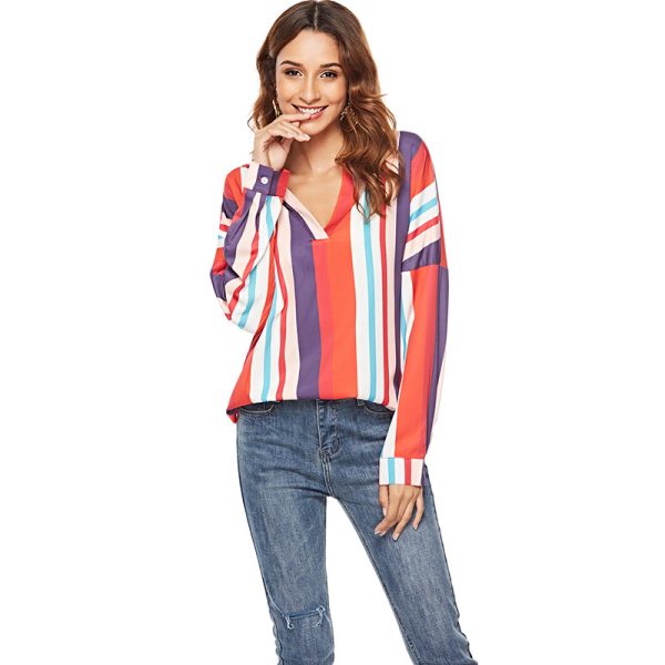 Color Stripes V-Neck Long Sleeve Shirt: Women's