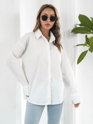 Women Cotton Large Cuff Long Sleeve Mid Length Shirt Loose Shirt Outfit Ideas