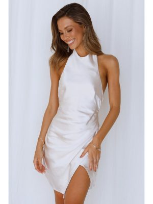 Women Clothing Solid Satin Halter Backless Slit Mini Dress Gown