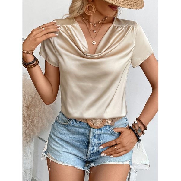 Solid Color Satin Short-Sleeved Women's Thin T-shirt: Loose Round Neck Bottoming Top