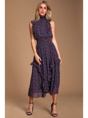 Women Elegance Sleeveless Printed Pleated Dress Maxi Dress