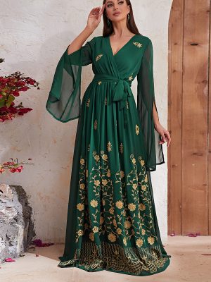 Chiffon V-Neck Embroidered Dress: Vacation Style