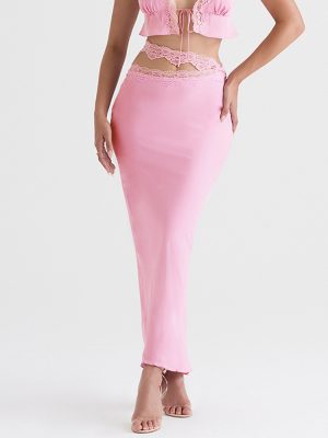 Early Autumn Women Wear Satin Tight Sexy Sheath Fishtail Skirt Pink Graceful Long Skirt