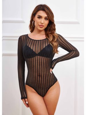 Round Neck Long Sleeved Mesh Jumpsuit for Women