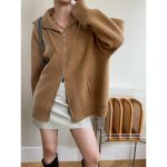 Double Zipper Lazy Fashionable Oversized Loose Profile Collared Knitted Cardigan Sweater