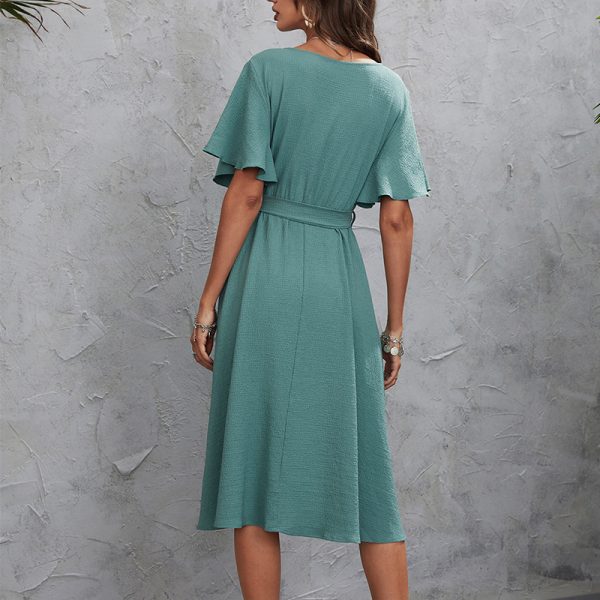 Texture Crumpled Solid Color Women Sexy V neck High Waist Midi Dress