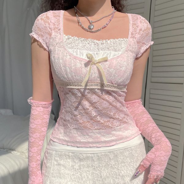 Spring Women Clothing Pink Sweet Lace Stitching Square Neck T shirt
