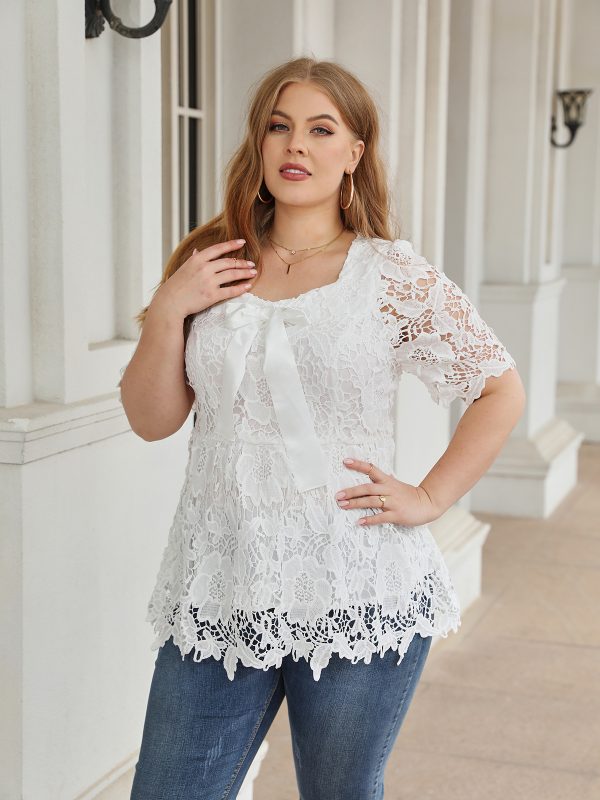 Solid Color Plus Size Square Collar Lace Blouse: Elegant Lace Collared Blouse for Women