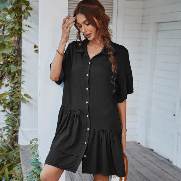 Women Clothing Summer Short-Sleeved Babydoll Dress Casual Vacation Solid Color Short