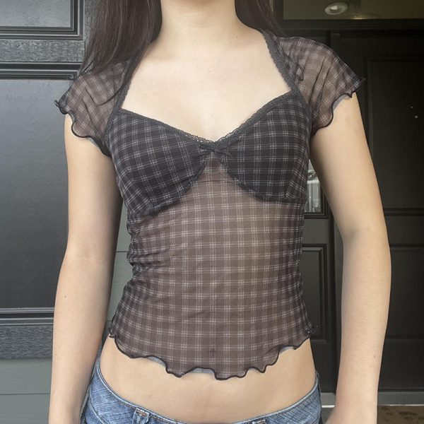 Sexy See through Plaid V neck Push up Lace T shirt Sexy Slimming Waistcoat Design Top