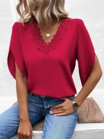 Women’s Solid Color Lace V neck Flared Sleeves Loose Shirt