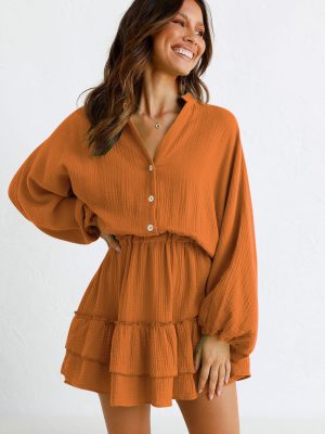 Women Autumn Clothing Button Long Sleeve Loose Shirt Dress Elastic Waist Ruffled