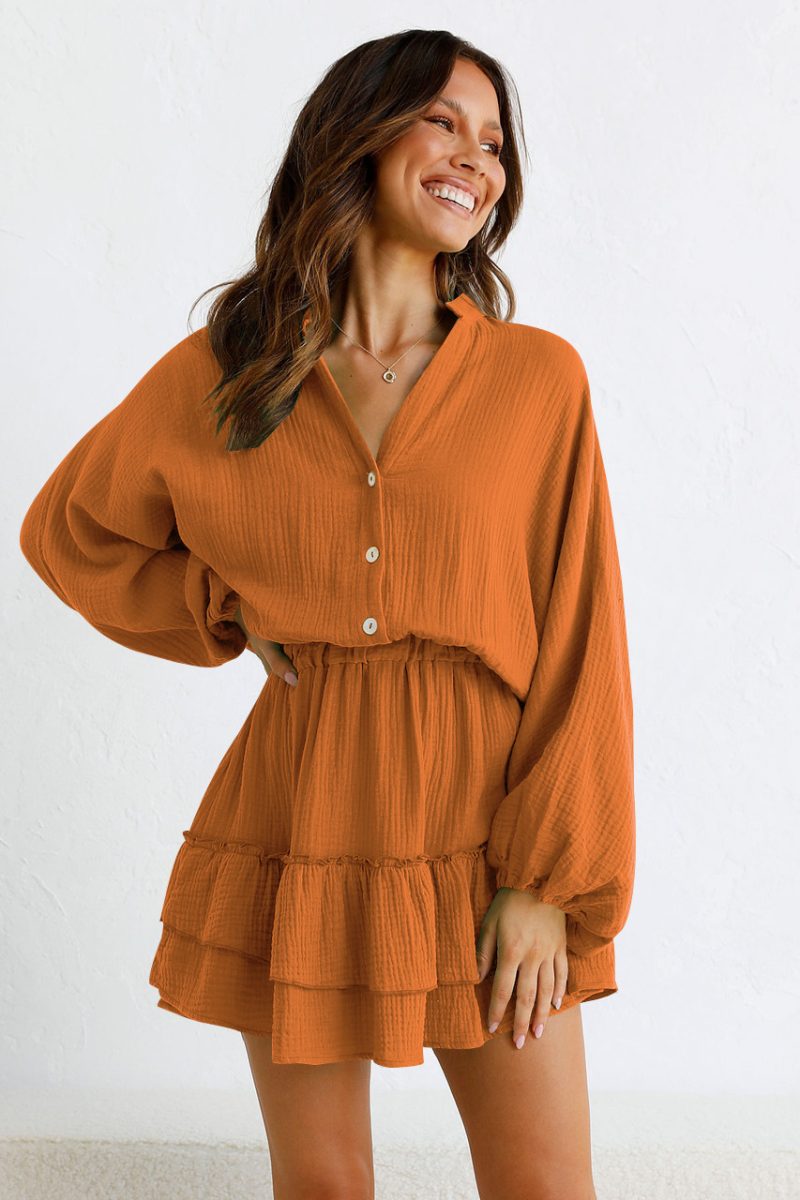 Women Autumn Clothing Button Long Sleeve Loose Shirt Dress Elastic Waist Ruffled